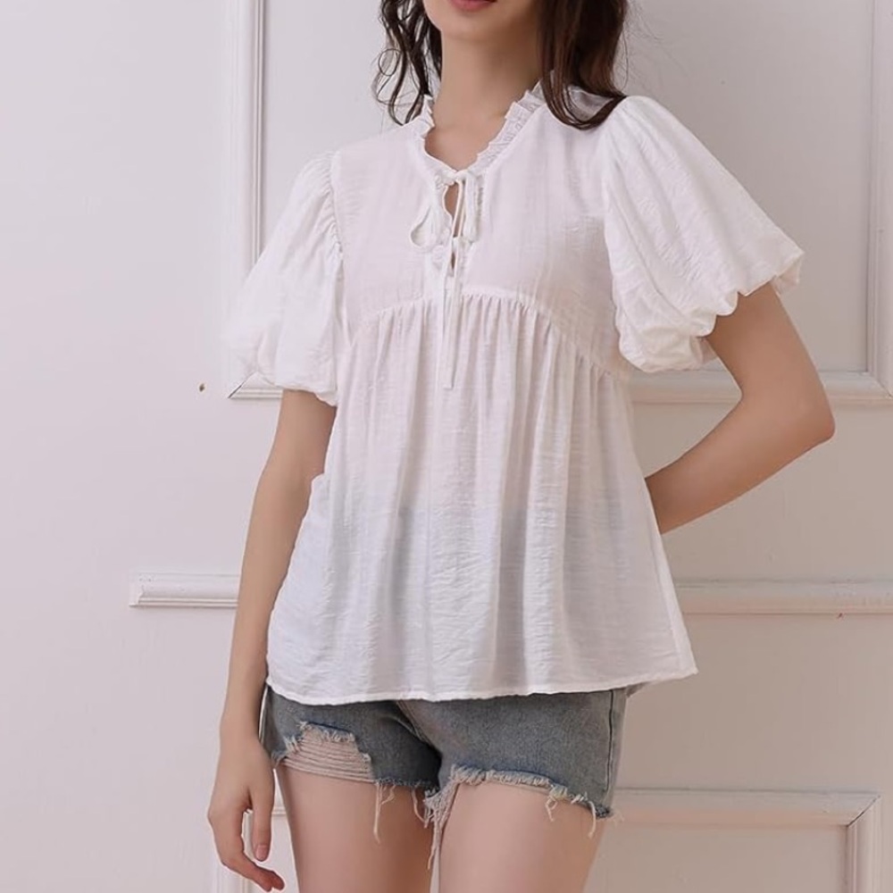 Chicgant Puff Sleeve Blouse V-Neck White Ruffle Top, 60%Cotton/40% Poly Large